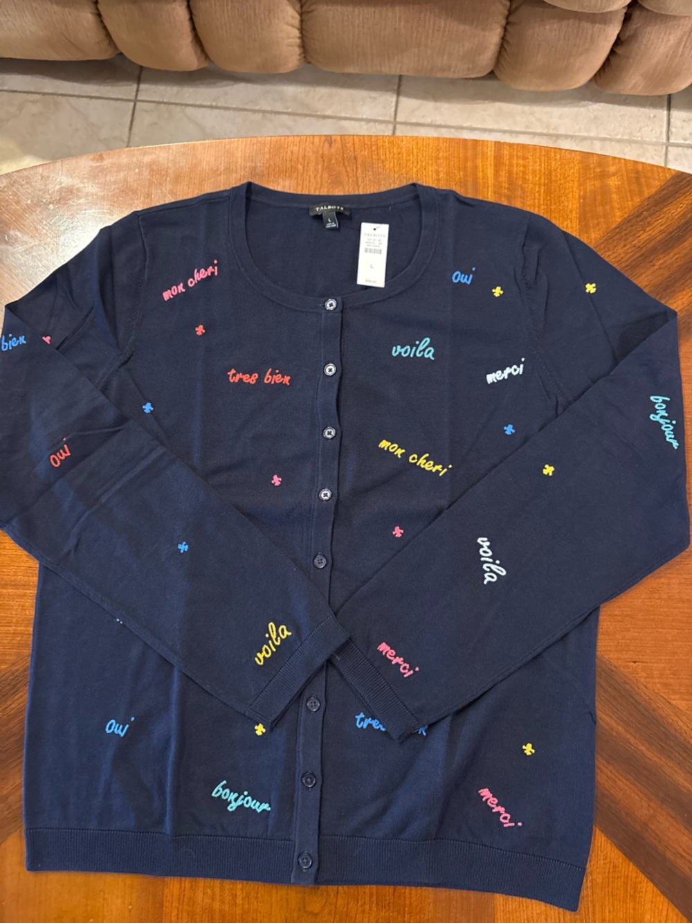 Talbots Women’s Charming Navy Cardigan with French Embroidered Words